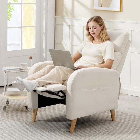 Sillón Relax Reclinable Tapizado en Lino Sintético con Reposapiés y Bolsillos Laterales Carga 135 kg Crema (1/5)