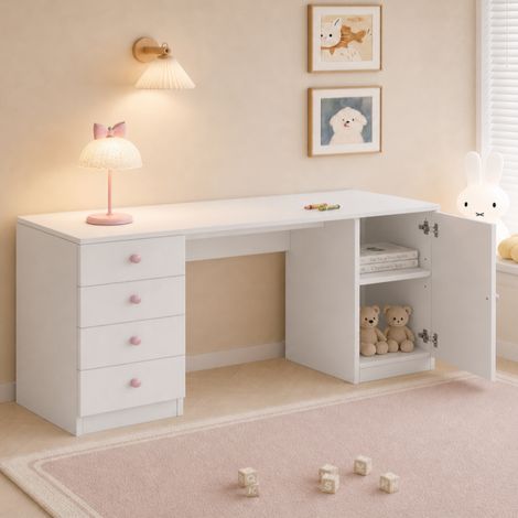 Bureau enfant 155x45x75 cm en MDF blanc, avec rangement pour chambre enfant FloraGrace (1/5)