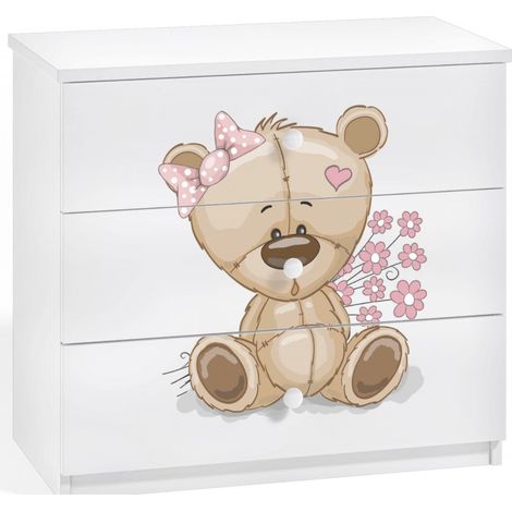 Commode enfant blanche ourson avec fleurs 80cm