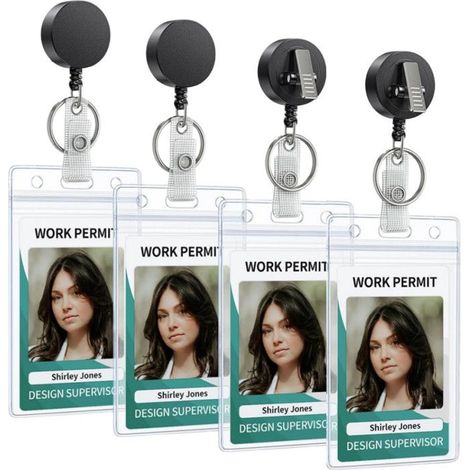 Lot de 4 badges d'identification avec porte-clip, avec système de verrouillage d'identification, Facile à attacher et à Étiquette (1/4)
