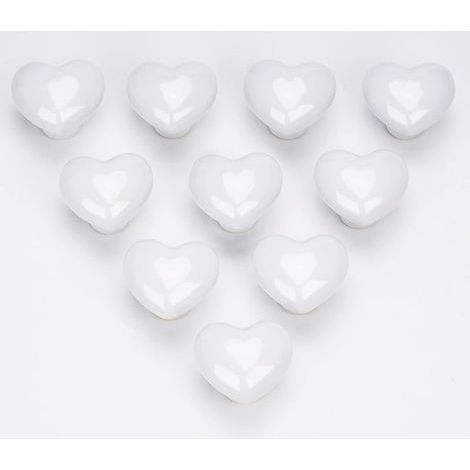 Lot de 10 boutons de meuble en céramique avec cœur Blanc