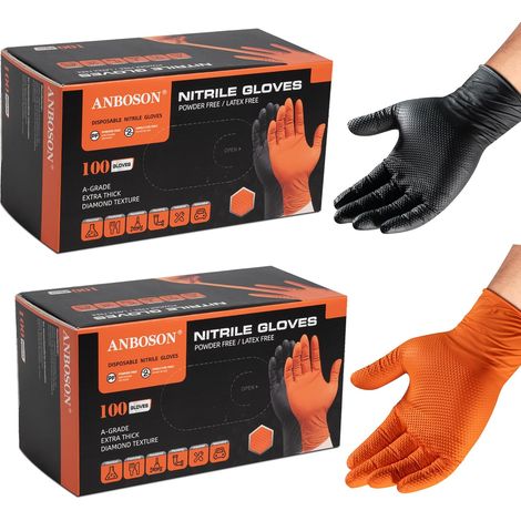 Guanti in nitrile altamente resistenti con trama a rombi (neri, taglia L, 100 pezzi) + (arancioni, taglia L, 100 pezzi) (1/4)