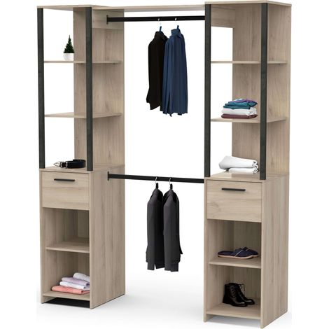 Dressing ouvert à 2 colonnes de style industriel Gary, chêne Kronberg et noir, 160 x 200 cm (1/5)