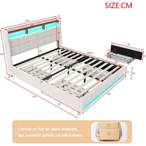 Lit 140 x 200 avec sommier,lit 2 personnes avec tiroirs et étagères de rangement ouvertes,lit double rembourré avec LED et USB,lit 140 x 200 avec sommier à lattes en bois, lin beige