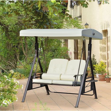 Altalena da giardino in metallo beige con tettuccio regolabile, cuscini e ripiani laterali (1/5)
