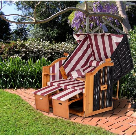 Sillón columpio de 2 plazas de madera con respaldo reclinable en 5 niveles y mesas, rojo/blanco (1/5)