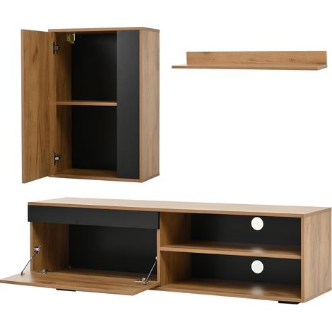Ensemble meuble TV bois et noir 3 pièces avec meuble TV 140x35x39cm, armoire murale 52x28x77cm et étagère murale 78,5x13,5x8cm (1/5)