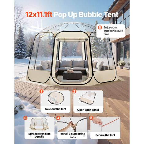 Tente bulle pop-up 3,36 x 3,45 m imperméable anti-UV, abri transparent jardin extérieur dôme igloo fenêtré 540° vue panoramique 10-12 pers terrasse (1/5)