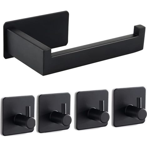 Self-adhesive toilet paper holder, no drilling required, made of stainless steel with 4 towel hooks for kitchen and bathroom, black (1/5)