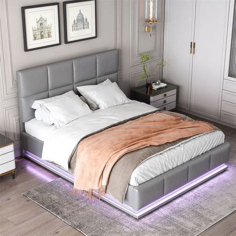 Lit coffre rembourré 140x200 cm simili cuir gris - sommier à lattes, LED, rangement, 2 places, capacité 350 kg