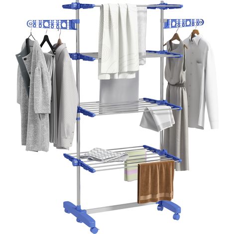 Tendedero plegable Irovami de cuatro niveles con brazos laterales y ruedas - Azul