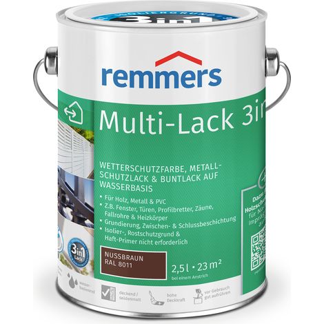Remmers Multi-Lack 3in1 nussbraun (RAL 8011), 2,5 Liter, Wetterschutzfarbe, Metallschutzlack & Buntlack auf Wasserbasis für Holz, Metall & PVC (1/5)