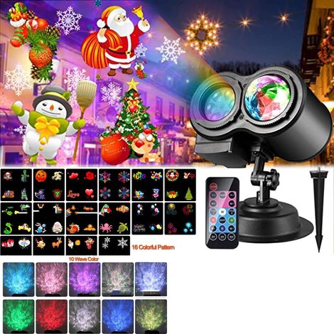 Projecteur LED de Noël, 16 LED, effet vagues, étanche, télécommande, idéal pour les fêtes. (1/5)