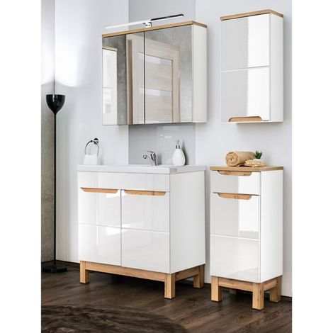 Badezimmermöbel Set mit 80cm Waschtisch & LED-Spiegelschrank SOLNA-56 in Hochglanz weiß, B/H/T ca.: 130/200/46 cm (1/5)