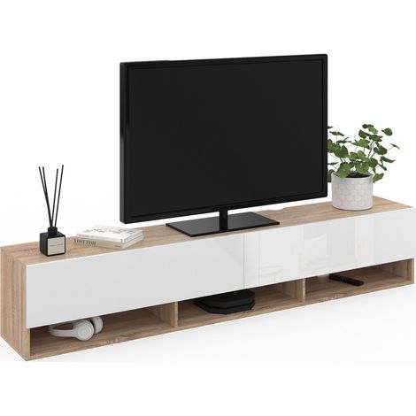 Idmarket – Meuble TV suspendu 180 cm ELIO – 2 portes abattantes – Étagère bois et blanc – 3 niches avec passe-câbles
