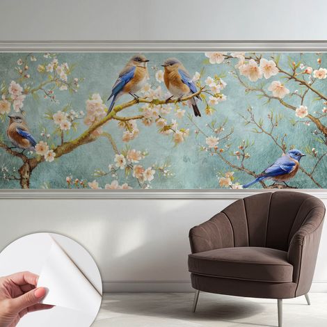 Papier peint adhésif autocollant pour salon chambre à coucher peint imprimé Installation facile Oiseaux printaniers 250x104 cm (1/5)