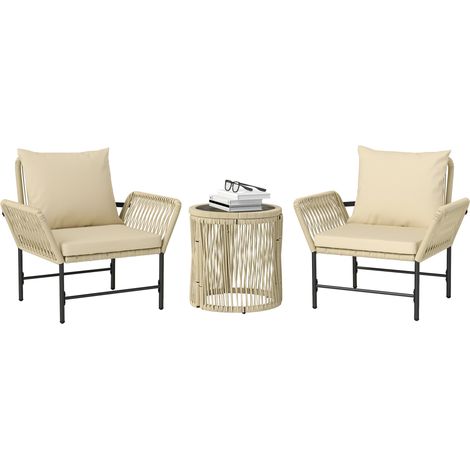 Ensemble de meubles de jardin en rotin poly, mobilier de balcon extérieur pour 2 personnes, 3 pièces avec 2 chaises, coussin de banquette (1/5)