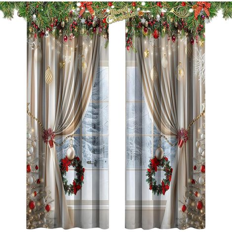 Rideaux pour Les Fêtes Draperies Réutilisables avec Branches de Pin Voilages Imprimés Art Classique De Noël Pour Chambre Fêtes Rassemblement Boutique Arrière-Plan Fenêtre Intérieur Extérieur (1/5)