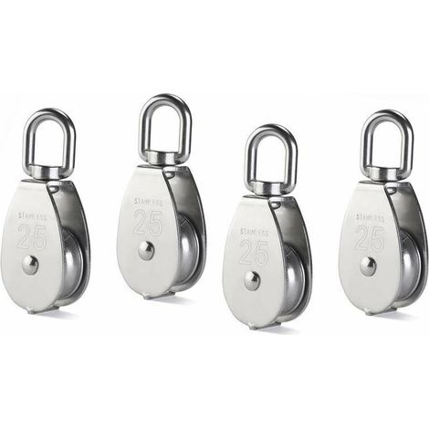 4 Pieces M25 Single Pulley Block, 304 Stainless Steel Pulley Roller, Crane Swivel Hook Smooth Wire Rope Cable Loading 331Lbs/150Kg (1/4)