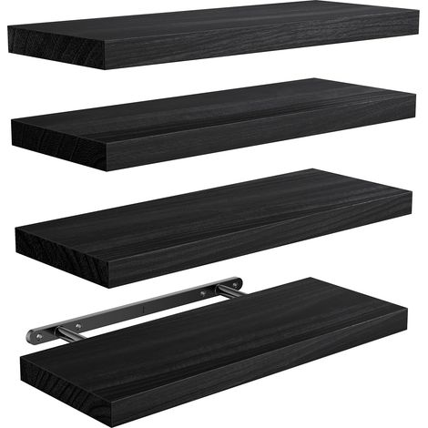 Etagere Murale de Salon et Chambre, Bois de Paulownia, Lot de 4, Noir Étagères murales à supports métalliques cachés, 10 kg par tablette, gabarit de perçage inclus, lot flexible de 4 pièces (1/5)