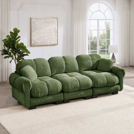 Canapé droit 3 places 208x178cm - nuage coussins capitonné dossier ergonomique - velours côtelé - vert (1/5)