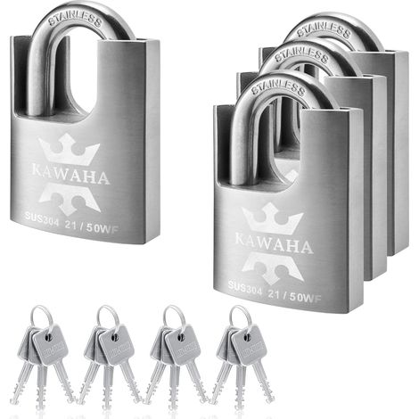 21/50-4PS Cadenas Haute Sécurité en Acier Inoxydable avec Clé en Acier Inoxydable pour Intérieur et Extérieur (robuste, inoxydable) (50 mm), fermeture identique, Lot de 4 Pièces (1/5)