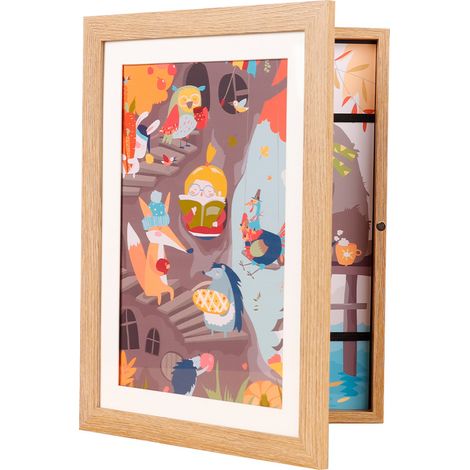 Cornice portafoto per bambini, apertura frontale, cornici intercambiabili, colore legno, adatta per dipinti, conservazione, progetti artistici, lavori scolastici, lavoretti e per esporre opere d'arte.