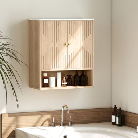 Armoire murale de salle de bain avec étagère ouverte et portes décorées, plan en effet marbre, 60x18x70 cm, chêne (1/5)