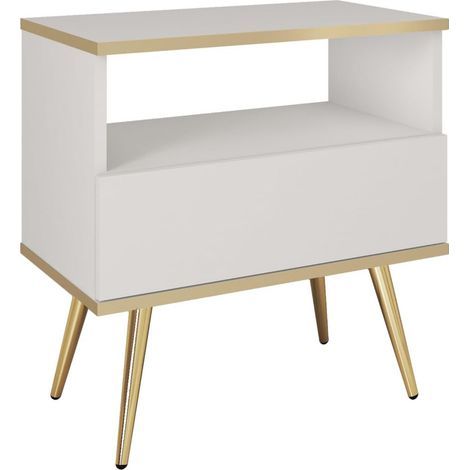 Comodino, Bianco, gambe dorate, 54 x 59 x 39 cm (1/4)