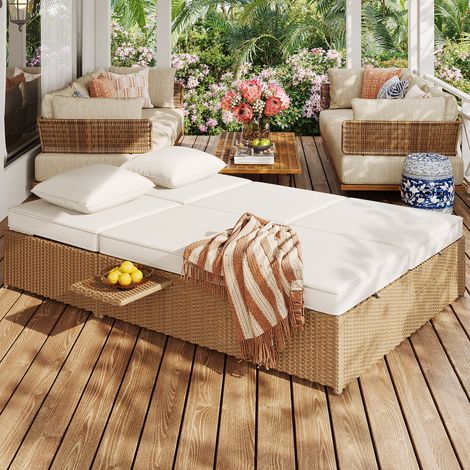 Lit Bain de Soleil Double en Résine Tressée avec Coussins, Mobilier de Jardin Blanc