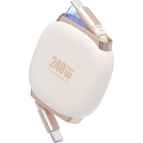 Câble USB-C 240W rétractable - 1m, Chargeur rapide PD3.1 avec rainure magnétique, 5 niveaux de longueur réglable, Pratique, Compatible avec iPhone 16/15, Galaxy S25/24, Beige (1/5)