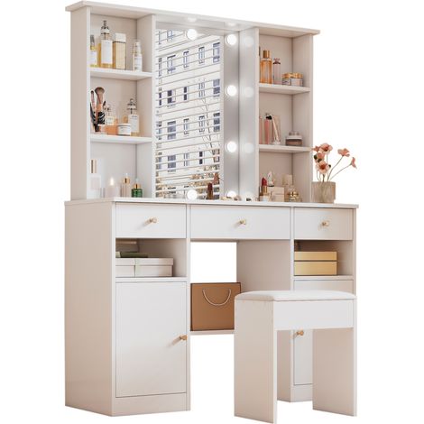 Coiffeuse, LED 3 couleurs, 3 tiroirs, 2 portes, en panneaux de particules, 110 x 40 x 151 cm, blanc (1/5)
