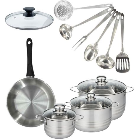 Set de 1 poêle 24 cm inox, couvercle verre, 3 faitouts inox 16, 20 et 24 cm et 6 ustensiles inox Fackelmann Geneva (1/5)