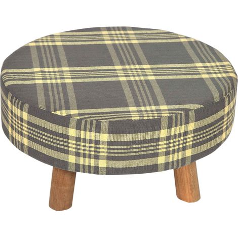 HOMESCAPES Grey and Yellow Tartan Fabric Flat Circular Stool with Wooden Legs