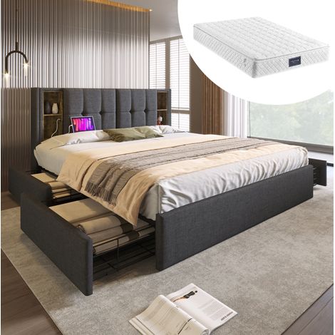 Cama doble tapizada 160x200 cm gris en lino, con cabecero, carga inalámbrica, USB/USB-C y 4 cajones (1/5)