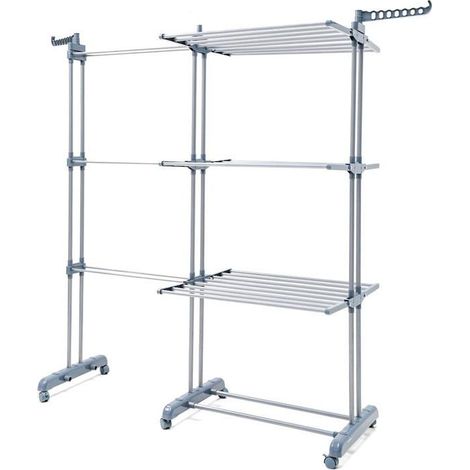 Séchoir Pliant Vertical Extensible 30 Barres avec roulettes, 3 Niveaux, 6 Ailes repliables, 22 m d’étendage, Supports à cintres