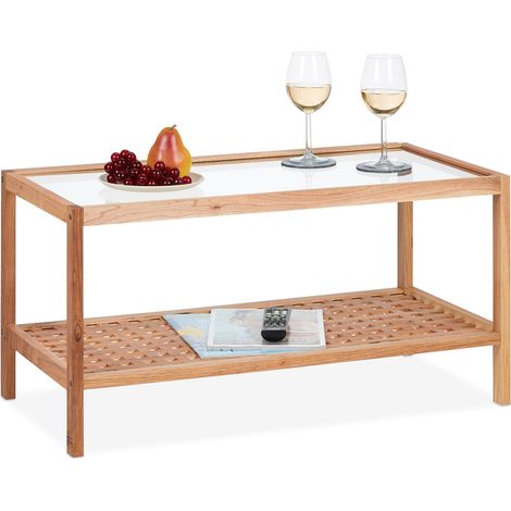 Relaxdays Tavolino da Salotto in Legno, 40 x 80 x 40 cm, Ripiano in Vetro, 2 Mensole, Tavolo Basso da Divano, Naturale