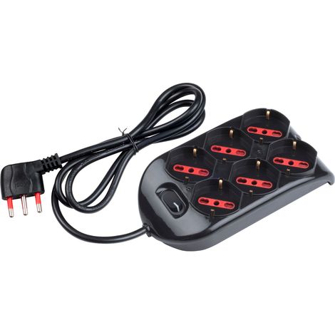 Multipresa con spina 16A piegata a 90°, 6 prese bipasso/schuko 10A/16A, cavo 1,5 metri, con interruttore, nero, serie Emilia - Rosi RS94125 (1/3)