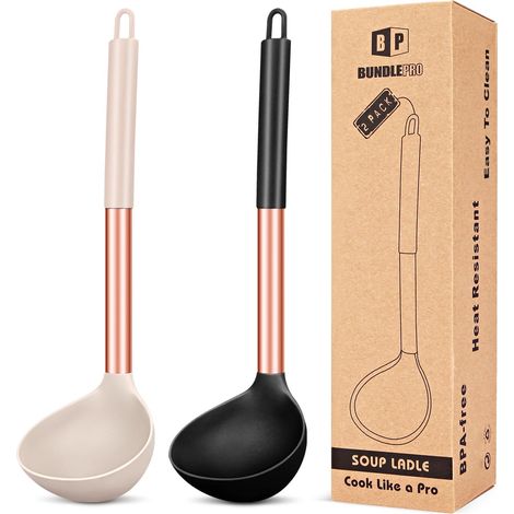 Lot de 2 louches cuillères en silicone pour soupe, ustensiles de cuisine antiadhésifs, sans BPA, outils de cuisine pour mélanger et servir les soupes (Or Rose Noir Kaki) (1/5)