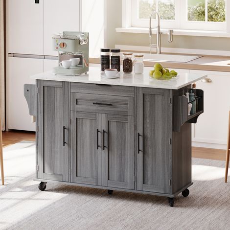 MEUBLIV îlot de cuisine mobile 136 x 70 x 92 cm gris – plan de travail extensible (1/5)