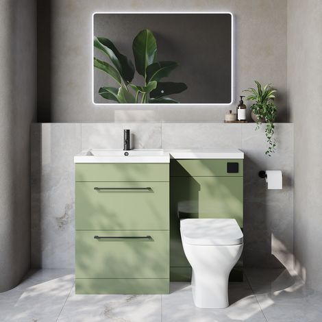 Napoli 460 Olive Green 1100mm 2 Drawer Vanity Unit Toilet Suite with Left Hand Square Lucia Basin - 1100mm - Matt Black 320mm HandleWith Kingston Toilet Pan and Seat