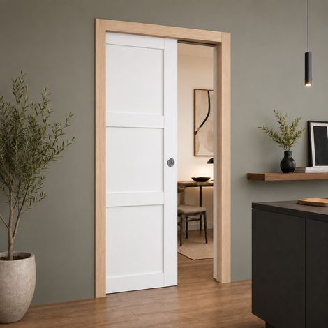Porte Coulissante Korya Blanc 3 Panneaux H204 X L83 Cm, Galandage, Kit Finition (coquille Et Tire Doigt) Gd Menuiseries (1/4)