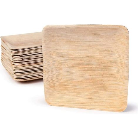 100 Assiettes Jetable en Feuille de Palmier Carrées 20x20cm Alternative aux Assiettes en Plastique Aspect Bois Naturel, Style Bambou Pour Buffet, Mariage, Anniversaire et Réception (1/5)