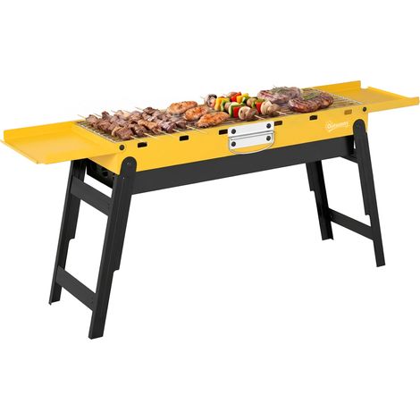 Outsunny BBQ Grill, Charcoal Barbecue with 2 Side Shelves and Handle, Yellow