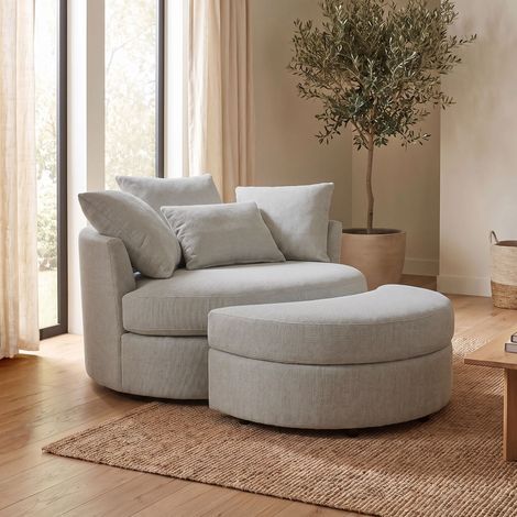 M&S – Fauteuil rond loveuse pivotante – Tissu texturé gris – Rotation 360° – Repose-pieds avec coffre de rangement – Dimensions 122x106x80cm