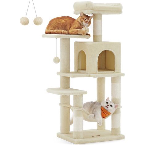 Feandrea – Arbre à chat 112 cm – 4 poteaux à griffer – 2 plateformes rembourrées – Niche et hamac en tissu peluche – Beige multi-niveaux