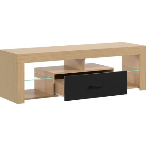 Mobile TV basso per TV fino a 65'', 140x40x45 cm, con ripiani in vetro regolabili, rovere (1/5)