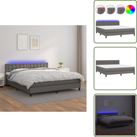 Boxspringbett mit Matratze & LED Grau 180x200 cm Kunstleder - Boxspringbett - Doppelbett - Bettenrahmen - Lederbettwäsche - Luxusbett