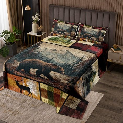 Couvre-Lit 260x240 Impression d'ours Rustique, Dessus de Lit Ferme de Pays Occidentale, Couverture de Lit Bois de Chasse, Jetés de Lit Vérification Rétro avec 2 Taies d'oreiller 51x75cm (1/4)