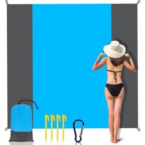 Tapis de Plage 200 x 210 cm Tapis Plage Anti Sable Tapis de plage imperméable à séchage rapide portable BleuGris (1/4)